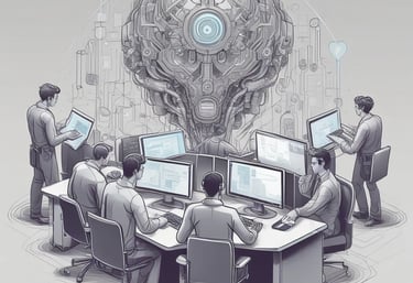 A modern office space with a team collaborating on AI website projects.