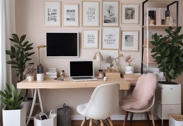 A cozy workspace filled with lifestyle and beauty products.