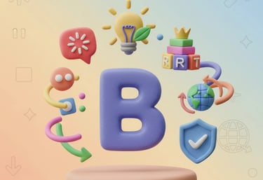 A large purple 3D letter 'B' stands on a circular pedestal, surrounded by various colorful 3D.
