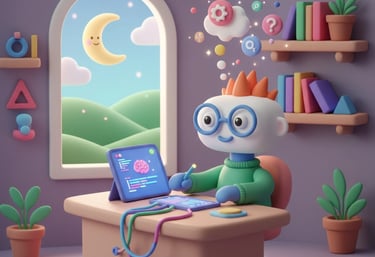 A cheerful 3D rendered character with glasses works on a tablet at a desk, surrounded by floating id
