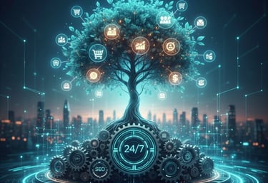 A vibrant digital tree with business growth icons and mechanical gears at its base, representing strategic web design, SEO, a