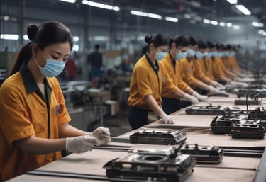 A large shipping container yard at sunset with cranes lifting containers.