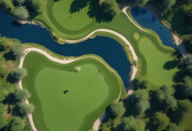 A person wearing a cap, a striped short-sleeve shirt, and khaki shorts is swinging a golf club in a grassy area surrounded by trees. The landscape includes a well-maintained golf course with green grass and a few trees lining the horizon under a clear sky.