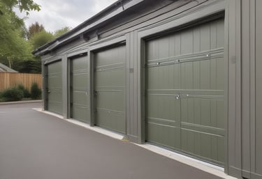 A storage area with wooden shelves filled with large containers, boxes, and miscellaneous items. The shelves are arranged vertically and extend up to the corrugated metal roof. A wooden ladder leans against the shelves, providing access to higher levels. There is natural light coming in through a translucent panel in the roof.