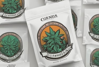 Various white pouches and bags of different sizes are displayed on a light-colored background with numbered sections. Each bag has a minimalistic design with labels attached.