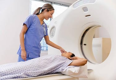 Patient undergoing MRI scan with technician in a modern diagnostic center in Delhi NCR