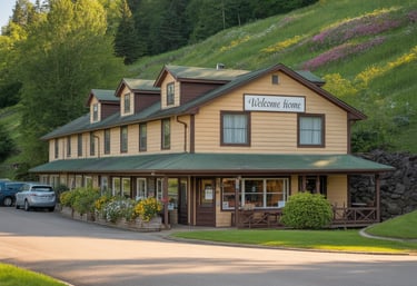 Charming two-story guest house with welcome sign, flowers, and moutain backdrop.