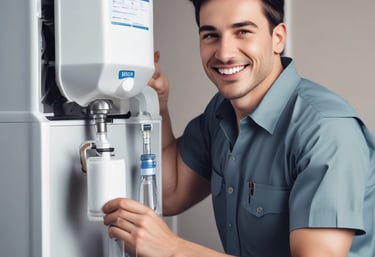 A sleek, modern laboratory water purification system is placed on a stainless steel countertop. The device is predominantly white with a digital control display at the top, featuring the brand logos 'Rephile' and 'Genie'. Surrounding the unit are various laboratory fixtures, including pipes, a pressure gauge, and a clipboard with documentation. A plug with cords is connected on the side, alongside a small transparent container.
