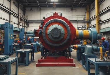 A large, industrial machine with gears and mechanical parts is positioned outdoors in front of a modern building. The building features geometric architectural elements with multiple small windows and a smooth white facade. A sparse urban setting with minimal vegetation surrounds the scene.