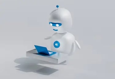a white robot with blue eyes and a laptop