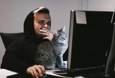 Man at PC with cat — easy trading by copying top traders on ByBit