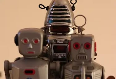 Retro robots showing ByBit’s built-in bots like DCA and Grid