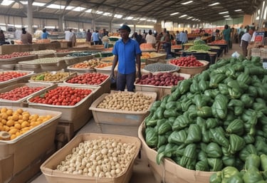 A 3D illustration featuring a series of shopping-related elements such as a shopping basket, a target, a lightbulb, a paper bag, and various charts or graphs. These objects are positioned on a dark green stepped platform, suggesting elements of business and marketing.