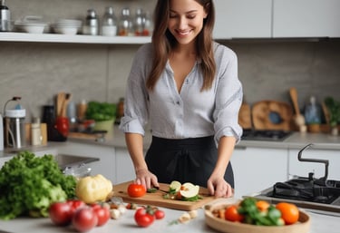 A woman films with her dog on a bed.