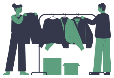 a man and woman standing in front of a clothing rack