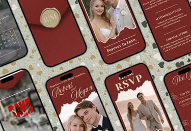 Elegant burgundy digital wedding invitation screens featuring a romantic couple and RSVP details.