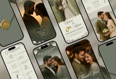 Digital wedding invitation template displayed on multiple smartphones featuring a romantic couple and event details.