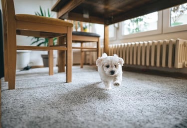 Happy dog running across soft residential carpet. Showcasing pet-friendly and durable carpet installed by Master Carpet