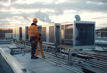 Generic Industrial HVAC photo with an engineer on top of a building doing checks on the HVAC system