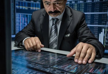 a man in a suit and tie is looking at a computer screen