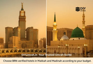 BRN verified Umrah hotels illustrated near Masjid al Haram and Masjid an Nabawi