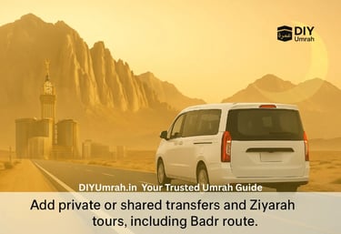 Private Umrah transport van driving on a desert road between Makkah and Madinah