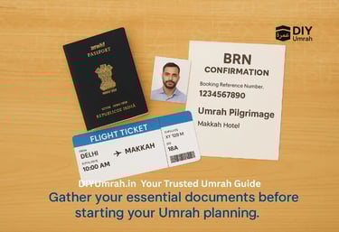 Indian passport, photo and flight ticket arranged for Umrah documents