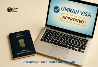 Indian passport with Umrah visa approval and documents on a desk