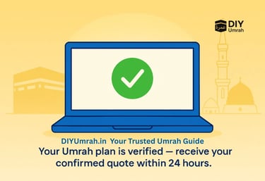 Verified Umrah quote confirmation via WhatsApp with Saudi landmarks in background