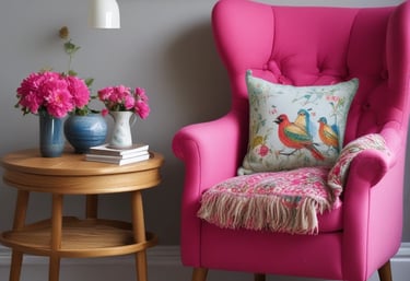 A cozy living room corner featuring layered cushions and a soft glowing lampshade.