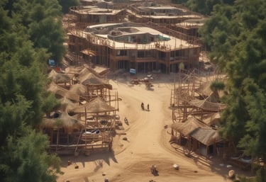 Close-up of architectural blueprints and a model of a luxury residential complex on a wooden table.