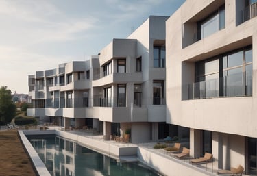 Modern residential building under construction with cranes and workers.