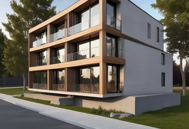 Modern residential building under construction with cranes and workers in a sunny setting