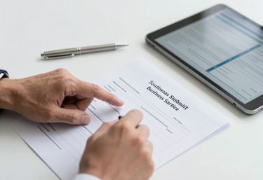 A close-up of hands of a professional Southeast Asian consultant pointing at a business registration certificate on a clean white desk. Beside it is a silver pen and a professional tablet showing a legal dashboard. High-key, bright lighting.