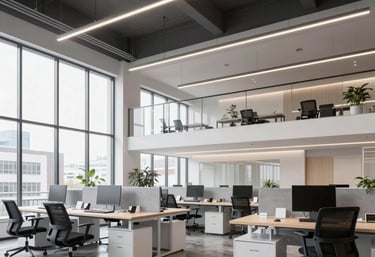 Engineers collaborating over electrical schematics in a modern office.