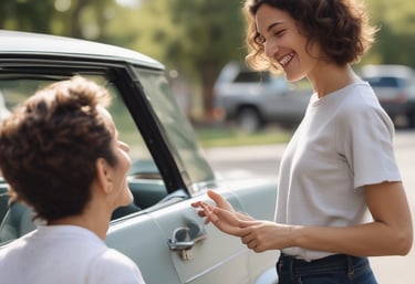 Friendly customer service agent assisting a happy renter at the Mag Car Rental desk.