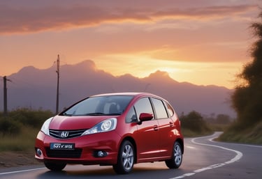 A sleek black luxury sedan parked on a scenic coastal road at sunset.