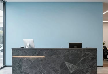 A minimalist reception area of a modern tech firm in Melbourne, bright and welcoming, featuring slate and light blue professional colors.