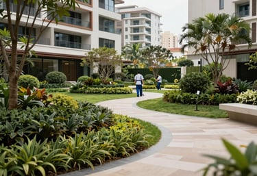 Photography of a well-maintained garden area within a premium Brazilian residential complex. A professional maintenance team is subtly working in the background.