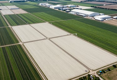 An expansive aerial photograph of a sustainable industrial farm with organized crop patterns in various shades of green and off-white. Global / International location, showing the scale of modern operations.