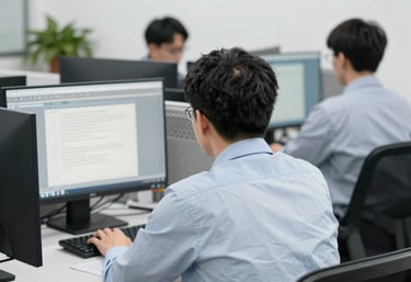 An experienced consultant reviewing food industry documents in a bright office