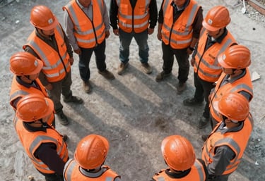 A top-down view of a construction team in orange vests standing in a circle for a safety briefing. The geometric pattern of their hard hats creates an interesting visual symmetry.