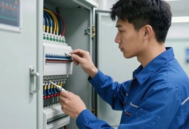 A technician in a blue uniform inspecting an electrical panel in a modern utility room. The scene is clean, organized, and reflects high professional standards.