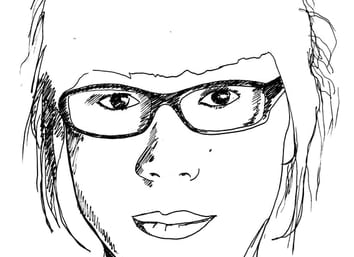 Black and white line drawing of a person wearing rectangular glasses in a minimalist sketch style.