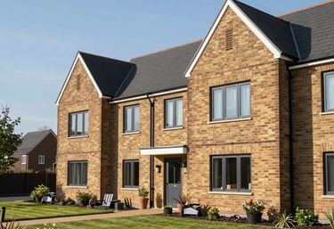 An exterior view of a modern, high-quality UK residential nursing home with clean brick architecture and green landscaping under a clear blue sky.