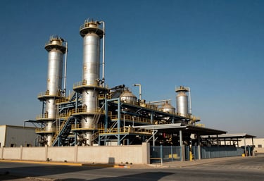 A modern, large-scale industrial factory exterior in a Middle Eastern / Egyptian with Global Reach setting under a clear Deep Ocean Blue sky.