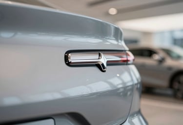 Close-up of a modern silver vehicle logo with a professional blurred showroom background, soft platinum lighting.