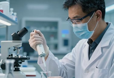 Clean, sharp photography of a professional researcher in a modern North American / International facility using a pipette over glass labware. Light blue and dark blue ambient lighting creates a sterile and advanced scientific mood.