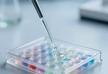 Macro photography of a laboratory pipette dispensing liquid into a multi-well plate, clean scientific background with soft steel blue lighting.