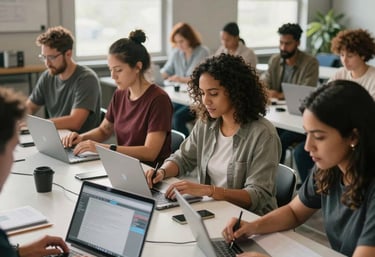 A high-quality lifestyle photograph of a diverse group of North American adults attending a vocational training workshop. They are using modern digital tools in a bright, industrial-style classroom. The lighting is warm and inspiring, focusing on progress and opportunity.